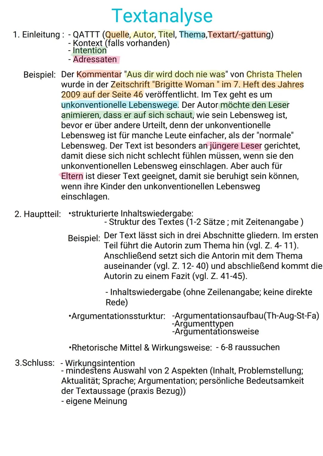 Textanalyse
1. Einleitung: - QATTT (Quelle, Autor, Titel, Thema,Textart/-gattung)
- Kontext (falls vorhanden)
Intention
- Adressaten
Beispie