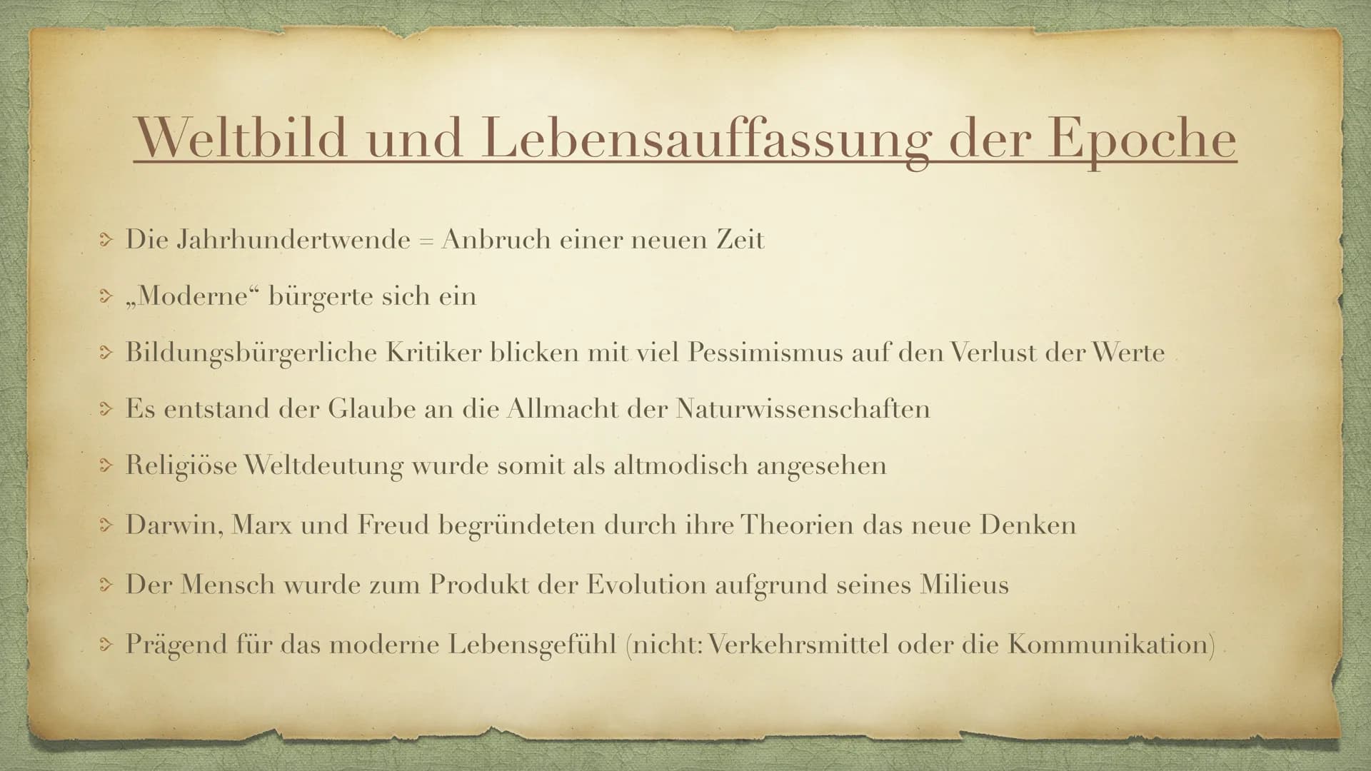 Naturalismus
aus dem lateinischen „Natura" Deustch: Natur
(ca. 1880- ca. 1900) Themenübersicht
> Allgemeingeschichtlicher Hintergrund
> Welt