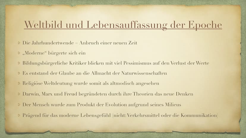 Naturalismus
aus dem lateinischen „Natura" Deustch: Natur
(ca. 1880- ca. 1900) Themenübersicht
> Allgemeingeschichtlicher Hintergrund
> Welt