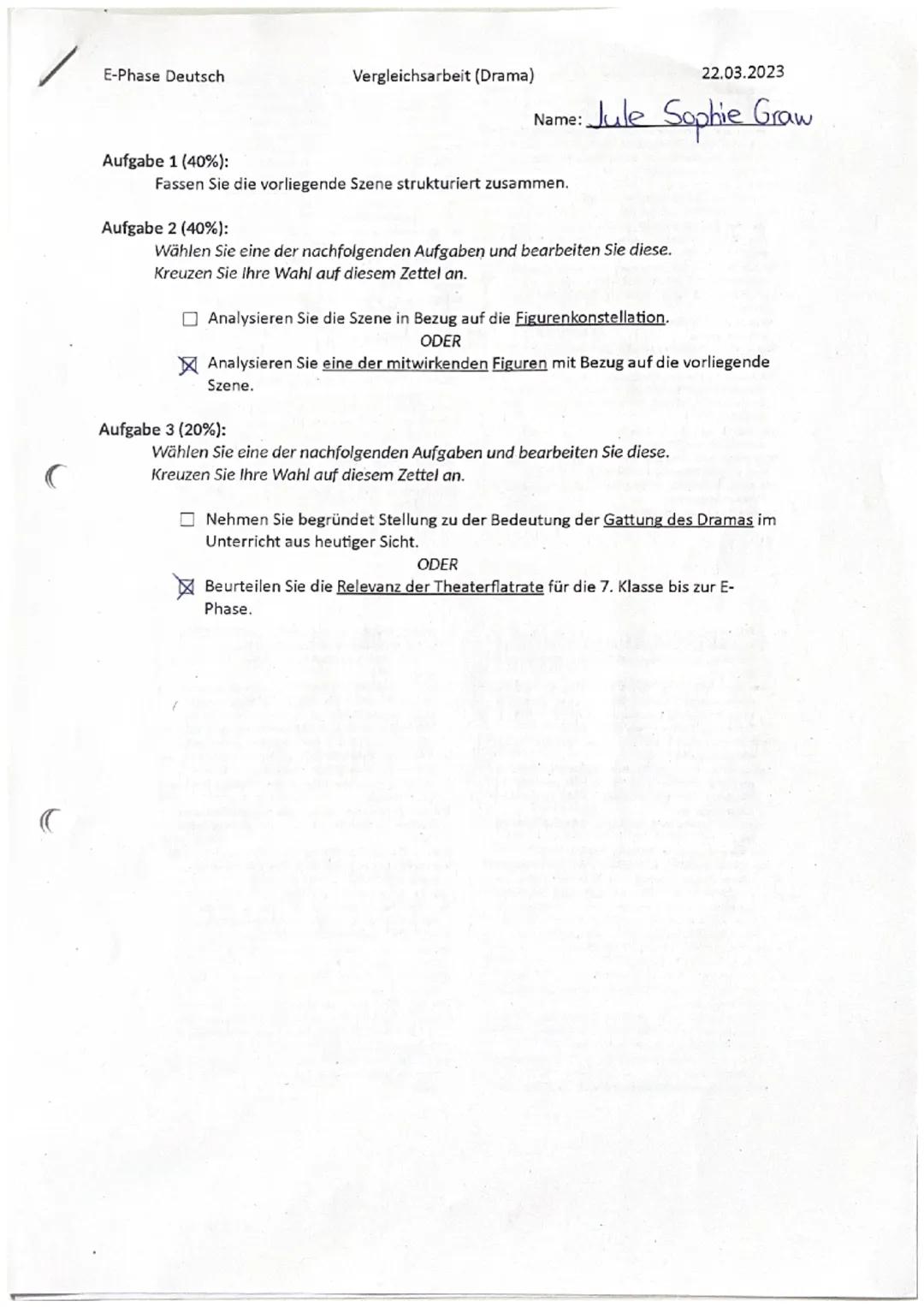 Jule Sophie Graw

Nr 1
Das Drama „Der gute Mensch von Sezuan"
von Bertold Brecht aus dem Jahr 1938
handelt von drei Göttern, die auf die
Wel