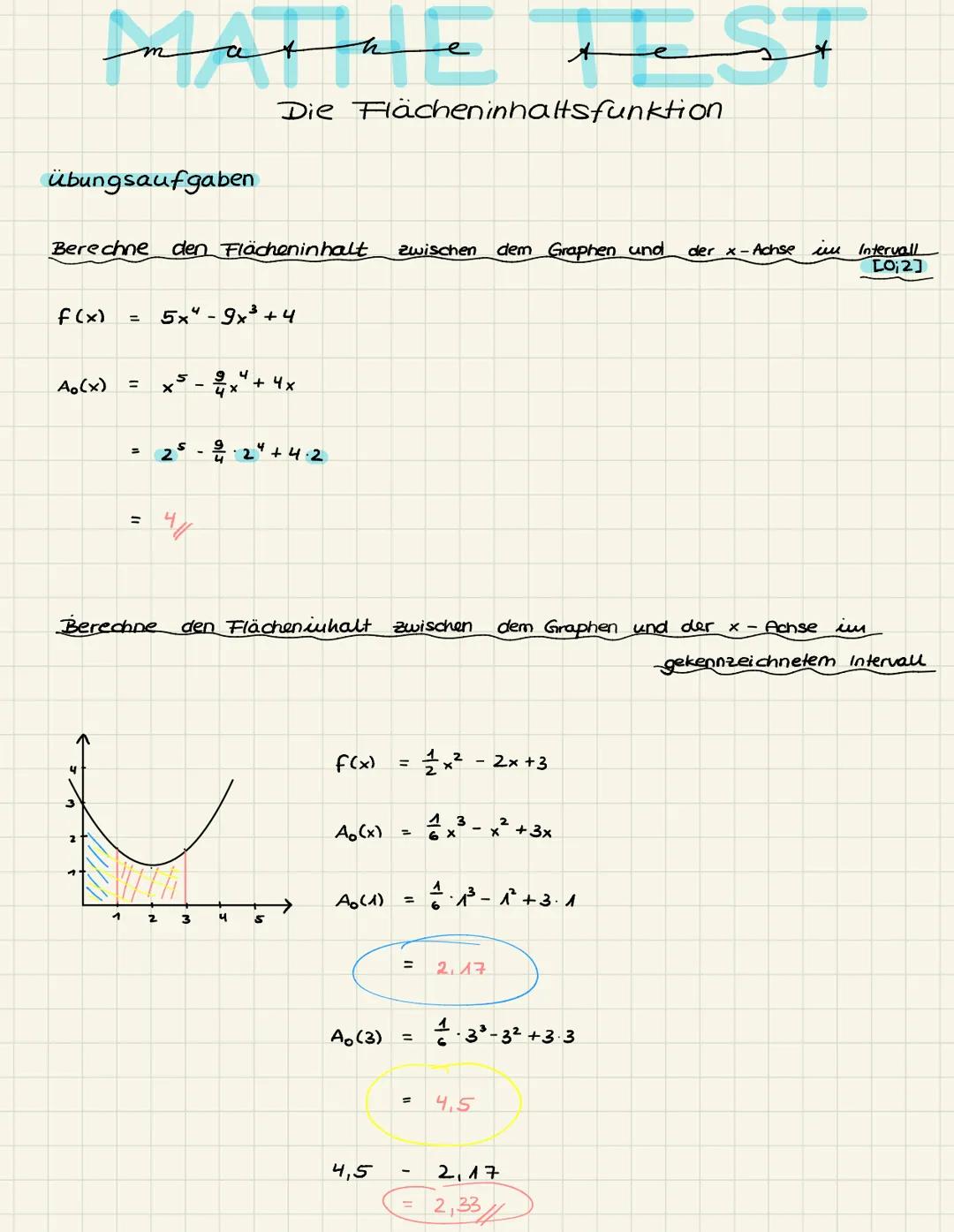 MATHE TEST
Die Flächeninhaltsfunktion
Die Flächeninhaltsfunktion bestimmen
Randfunktion f(x) Flächeninhaltsf. A. (x)
f(x) = xs
A.(x)=x²
f(x)