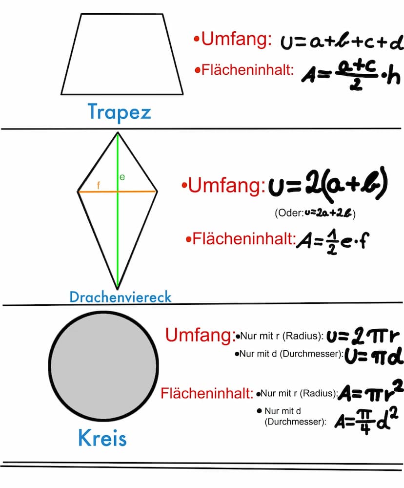 Zweidimensional:
Mathe Formeln
Quadrat
Rechteck
Parallelogramm
Ina
• Umfang: U= 4a
• Flächeninhalt: A=a·a
(Oder:A=a²)
Raute
• Umfang: U= 2(a