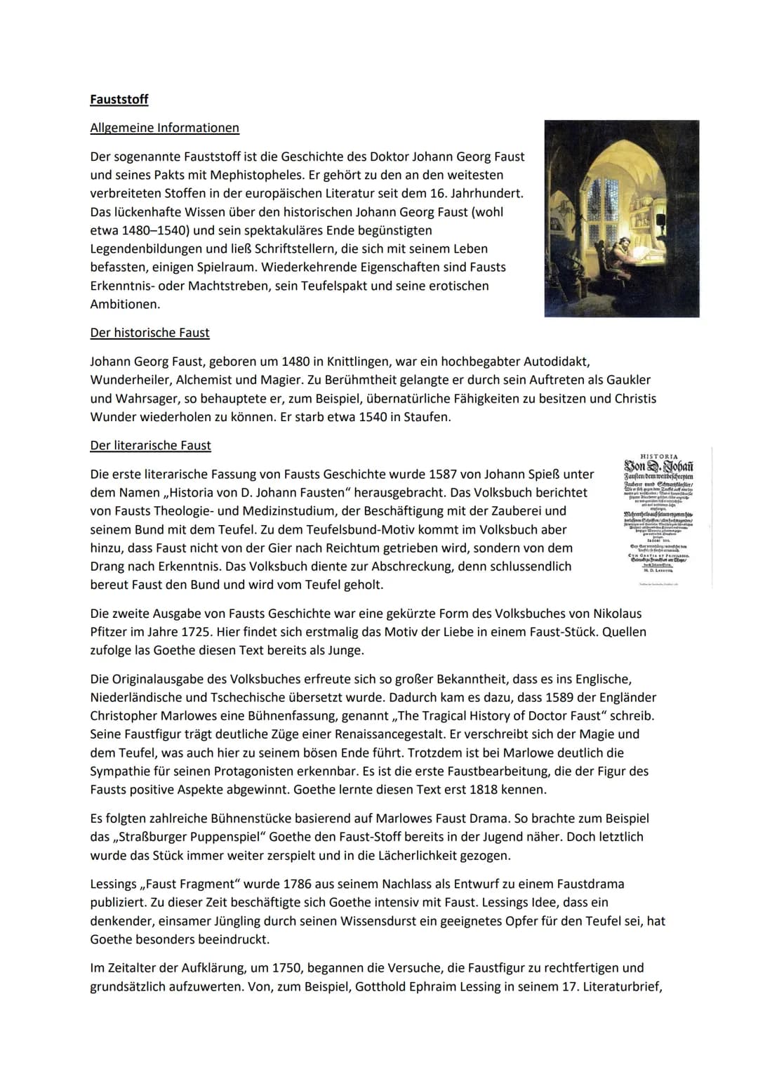 Fauststoff
Allgemeine Informationen
Der sogenannte Fauststoff ist die Geschichte des Doktor Johann Georg Faust
und seines Pakts mit Mephisto