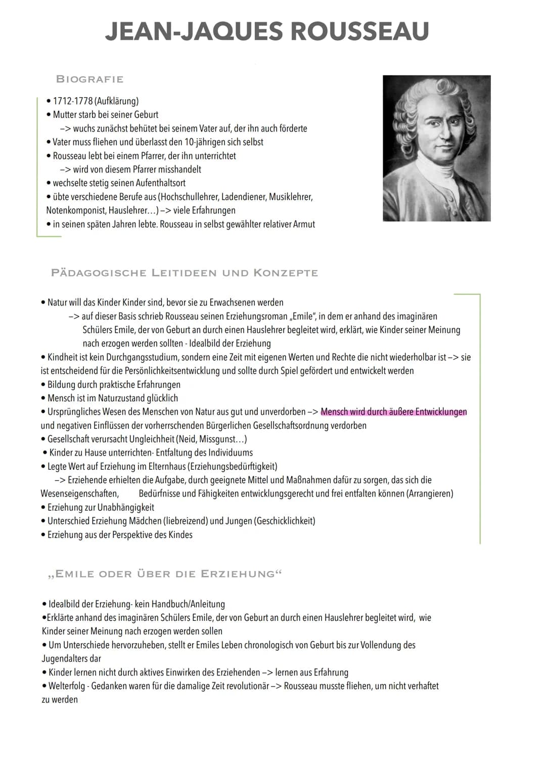 JEAN-JAQUES ROUSSEAU
BIOGRAFIE
1712-1778 (Aufklärung)
• Mutter starb bei seiner Geburt
-> wuchs zunächst behütet bei seinem Vater auf, der i