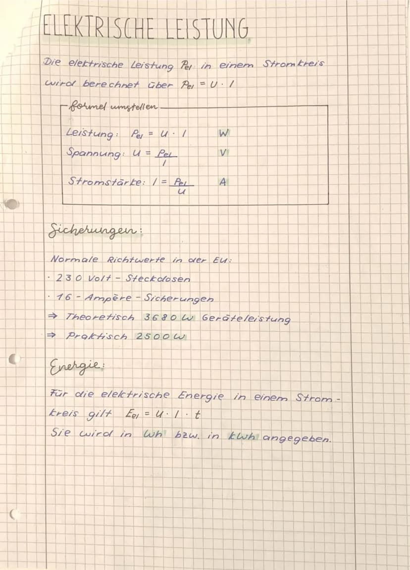 C
ELEKTRISCHE LEISTUNG
Die elektrische Leistung Pel in einem Stromkreis
wird berechnet über Pel = U. 1
-formel umstellen.
Leistung: Per
Span
