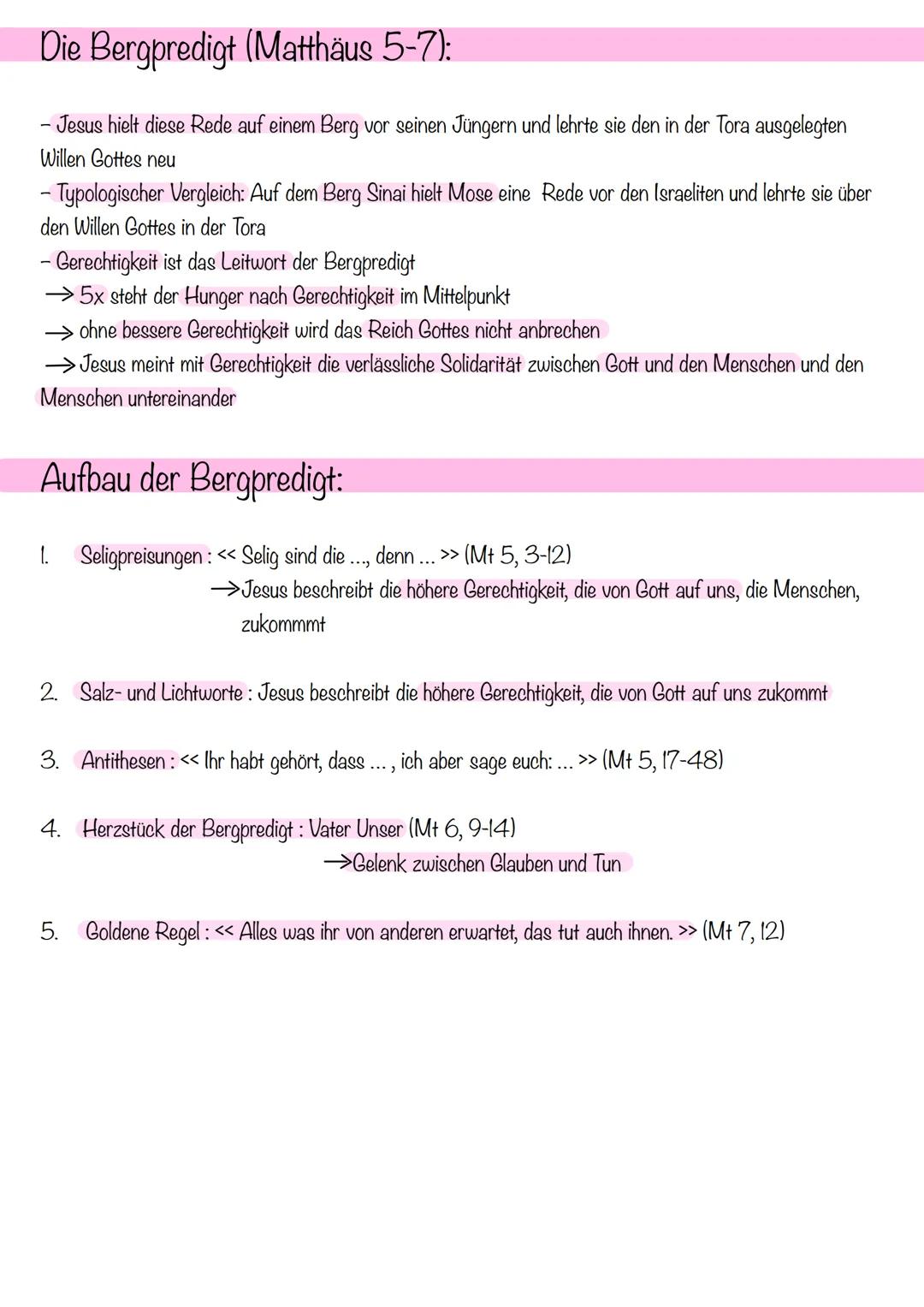 Die Bergpredigt (Matthäus 5-7):
- Jesus hielt diese Rede auf einem Berg vor seinen Jüngern und lehrte sie den in der Tora ausgelegten
Willen