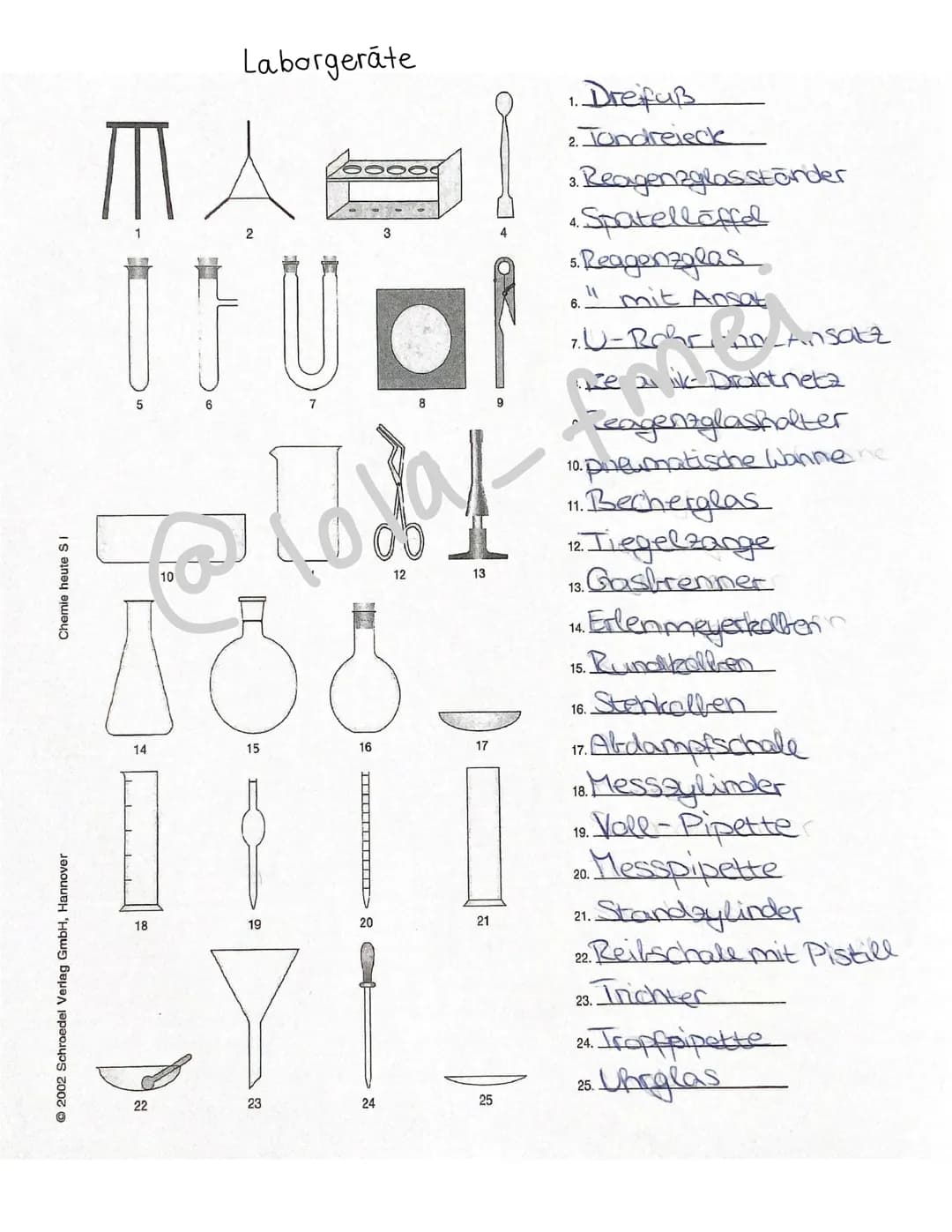 Chemie heute Si
2002 Schroedel Verlag GmbH, Hannover
MA
ITU
6
5
14
18
Laborgeräte
22
10
15
19
23
of a
16
20
3
24
13
17
21
25
Dreifuß
2. Tond