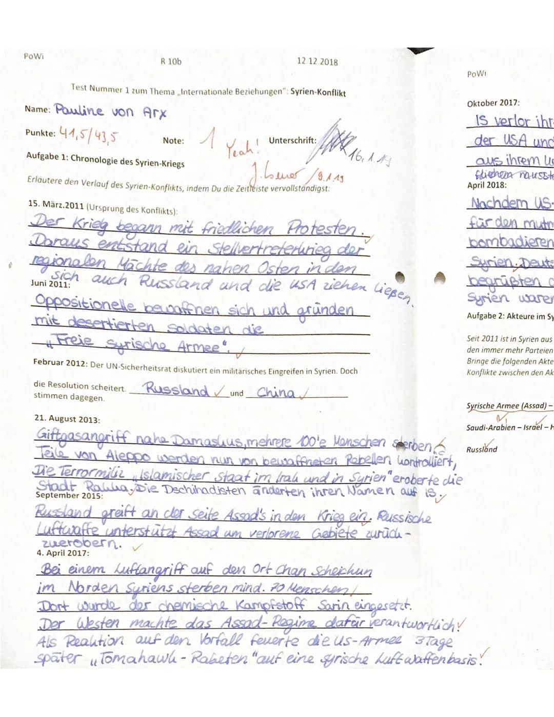 Powi
R 10b
Test Nummer 1 zum Thema Internationale Beziehungen": Syrien-Konflikt
Name: Pauline von Arx
Punkte: 41,5/43,5
Aufgabe 1: Chronolog