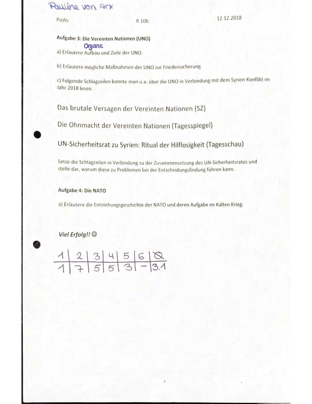 Powi
R 10b
Test Nummer 1 zum Thema Internationale Beziehungen": Syrien-Konflikt
Name: Pauline von Arx
Punkte: 41,5/43,5
Aufgabe 1: Chronolog
