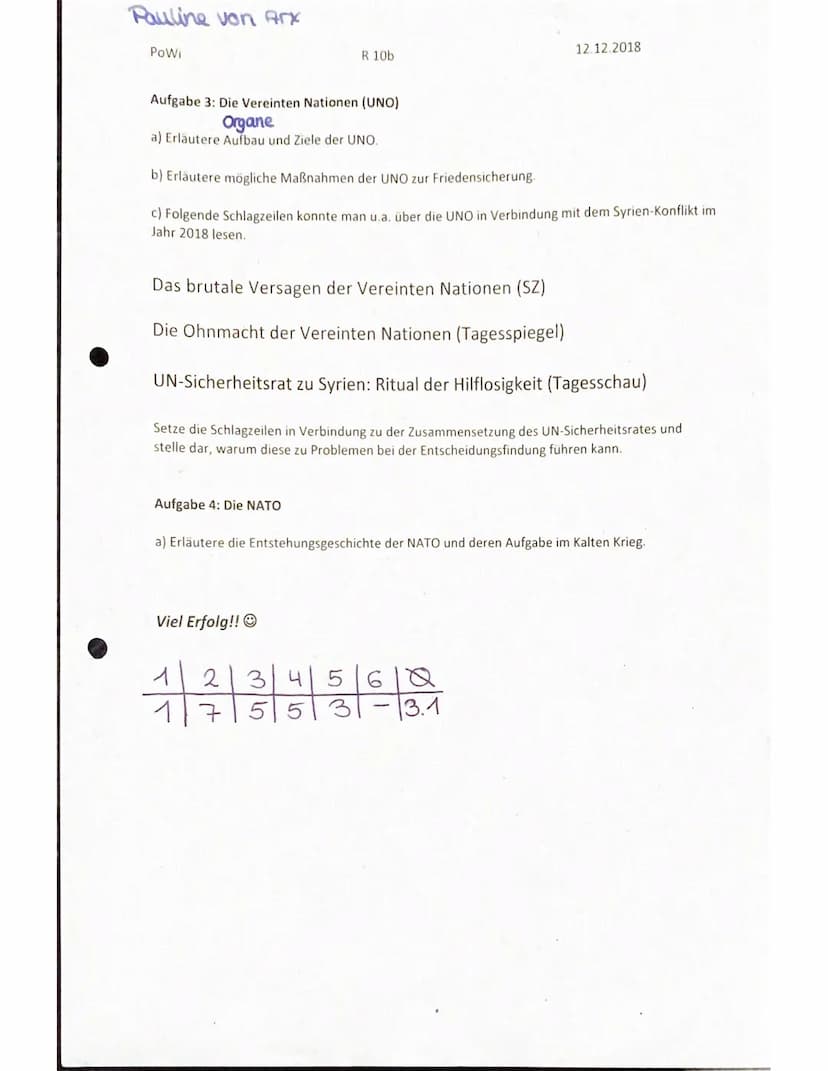 Powi
R 10b
Test Nummer 1 zum Thema Internationale Beziehungen": Syrien-Konflikt
Name: Pauline von Arx
Punkte: 41,5/43,5
Aufgabe 1: Chronolog
