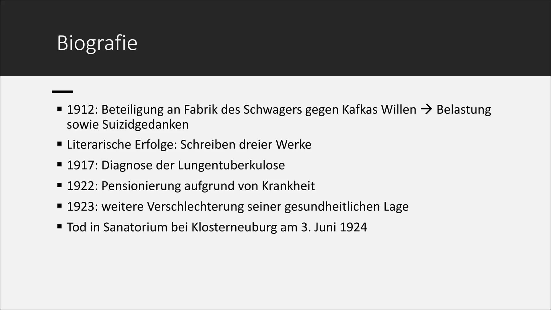 Franz Kafka Inhalt
▪ Allgemeines
▪ Biografie
▪ Beziehungen zu Frauen
▪ Beziehung zum Vater
▪ Werke (Auswahl)
▪ Die Verwandlung
▪ Charakter A