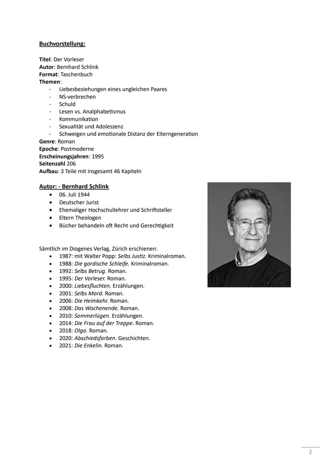 DER VORLESER
Bernhard
Schlink
Der Vorleser
Roman Diogenes Buchvorstellung:
Titel: Der Vorleser
Autor: Bernhard Schlink
Format: Taschenbuch
T