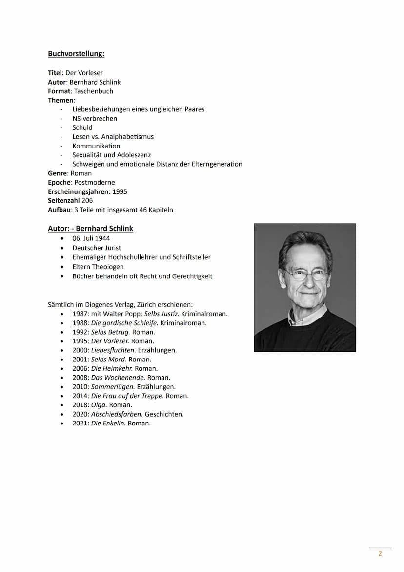 DER VORLESER
Bernhard
Schlink
Der Vorleser
Roman Diogenes Buchvorstellung:
Titel: Der Vorleser
Autor: Bernhard Schlink
Format: Taschenbuch
T