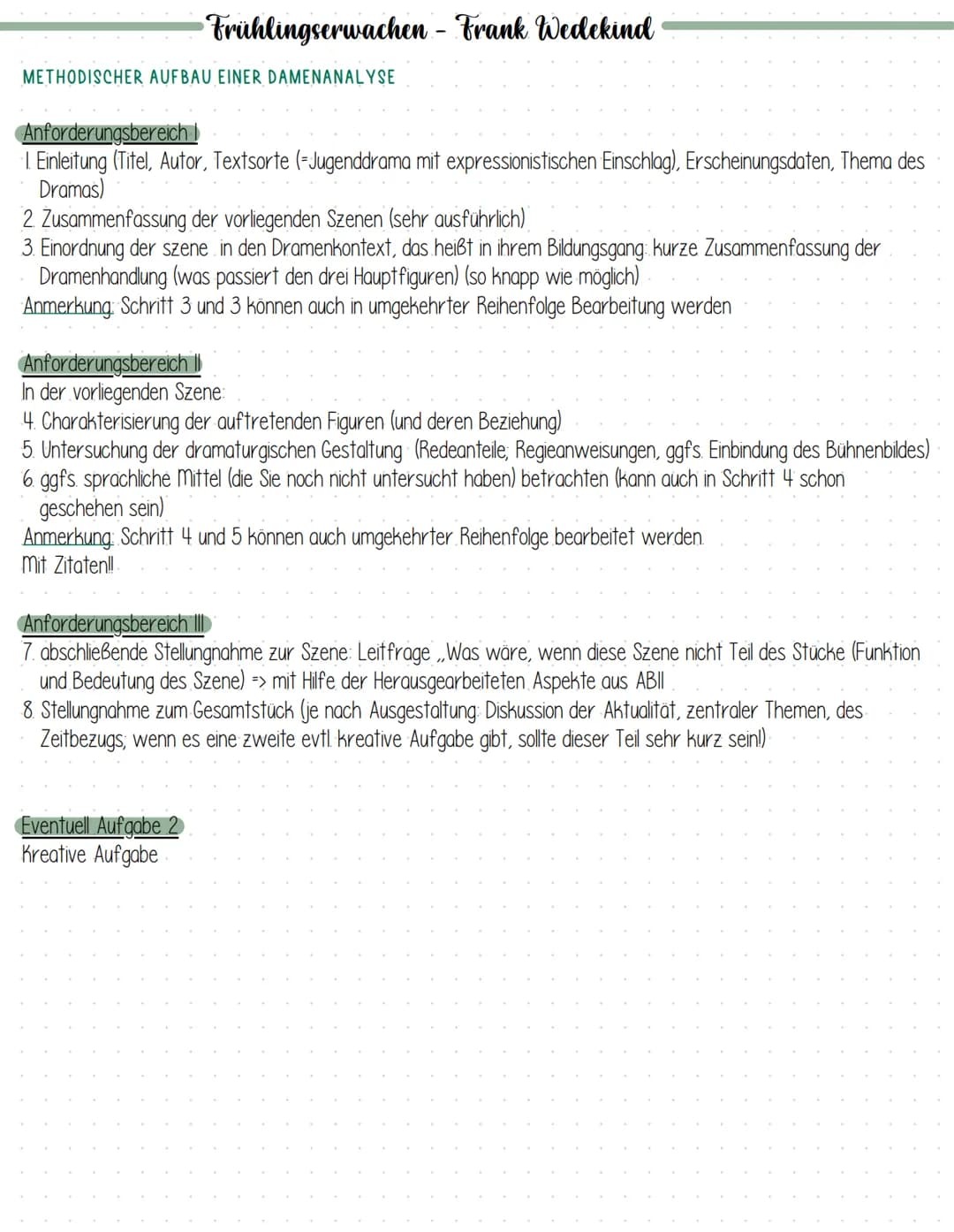 Frühlingserwachen-Frank Wedekind
METHODISCHER AUFBAU EINER DAMENANALYSE
Anforderungsbereich
1. Einleitung (Titel, Autor, Textsorte (-Jugendd