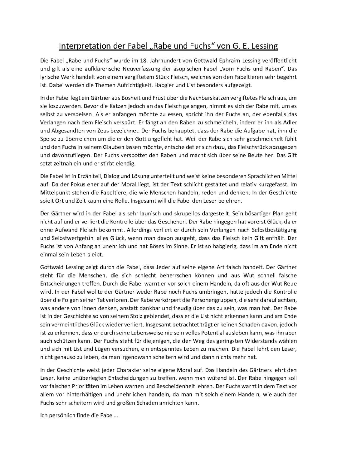Interpretation der Fabel Rabe und Fuchs (Neuverfassung von Lessing)