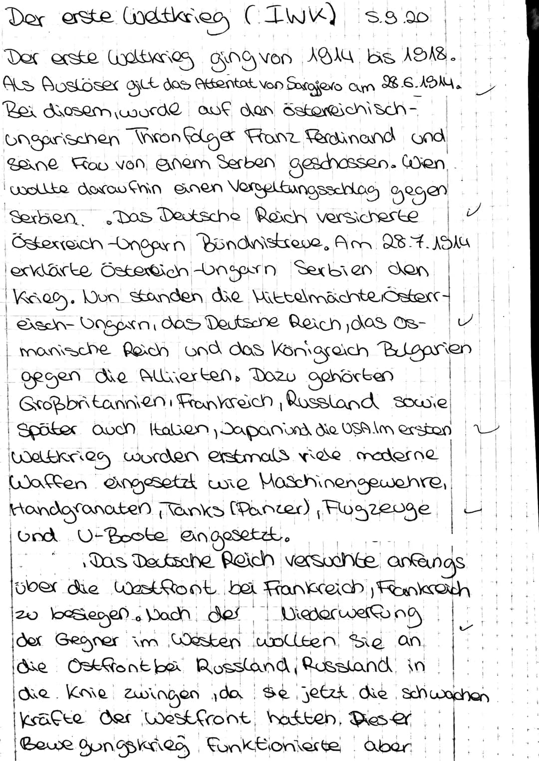 Der erste Weltkrieg (IWK) S.9.20
Der erste Weltkrieg ging von 1914 bis 1918.
Als Auslöser gilt das Attentat von Sargiero am 28.6.1914.
Bei d