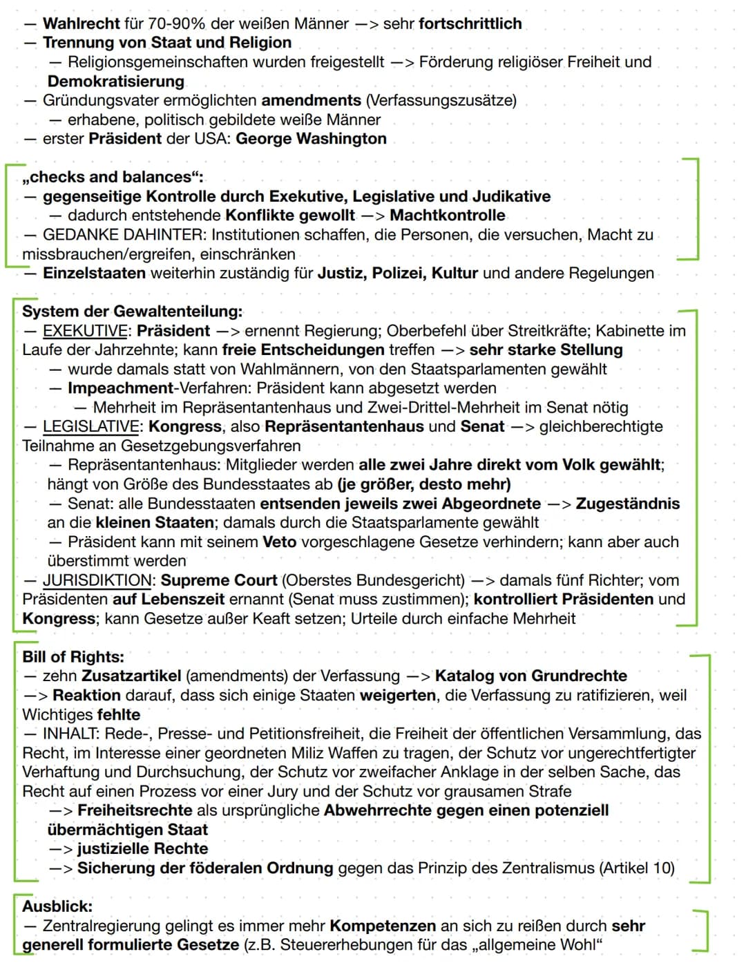 Zusammenfassung: Amerikanische Verfassung und Bill of Rights
Zentralstaat oder Staatenbund?:
- WÄHREND Krieg: lockerer Staatenbund mit Kongr