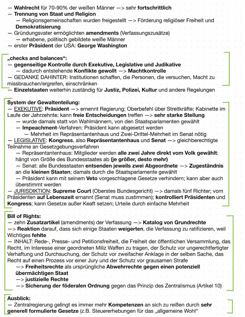 Zusammenfassung: Amerikanische Verfassung und Bill of Rights
Zentralstaat oder Staatenbund?:
- WÄHREND Krieg: lockerer Staatenbund mit Kongr