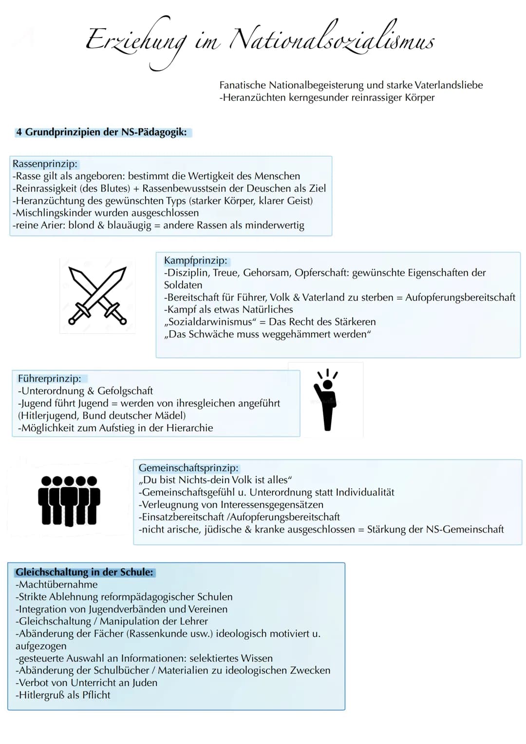 Erzichung im Nationalsozialismus
4 Grundprinzipien der NS-Pädagogik:
Rassenprinzip:
-Rasse gilt als angeboren: bestimmt die Wertigkeit des M
