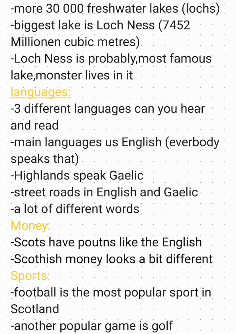 Scotland
Geografie:
-highlamd of Scotland are north and
west of Glasgow and Edinburgh
-highlands about two thirds of land
-moor and mountain