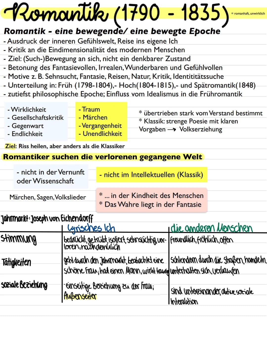 Romantik (1790-1835)
Romantik- eine bewegende/ eine bewegte Epoche
- Ausdruck der inneren Gefühlswelt, Reise ins eigene Ich
Kritik an die Ei