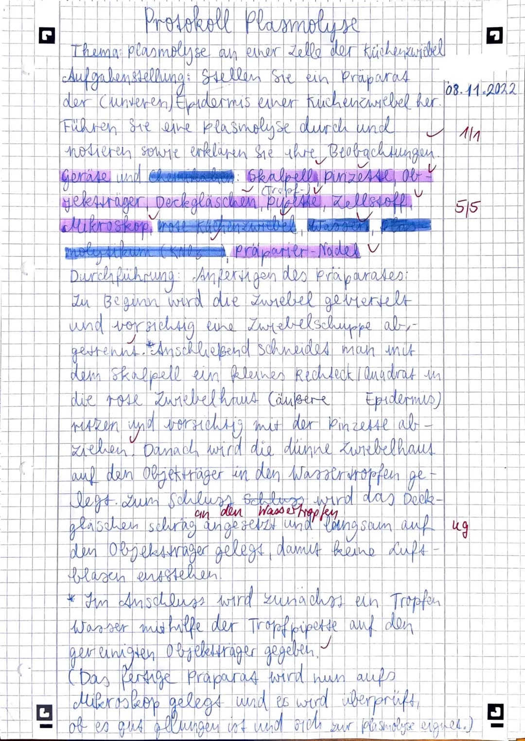r
Protokoll Plasmolyse
U
Thema plasmolyse an einer selle der küchen widel
Aufgabenstellung: Stellen Sie ein Praparas
der Cunseren Epidermis 