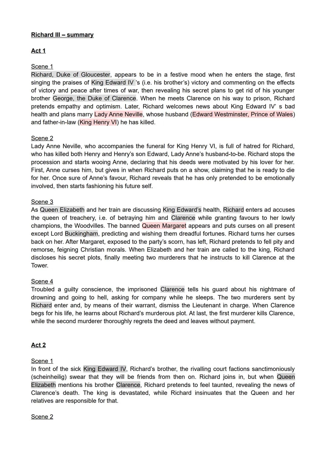 Richard III-summary
Act 1
Scene 1
Richard, Duke of Gloucester, appears to be in a festive mood when he enters the stage, first
singing the p