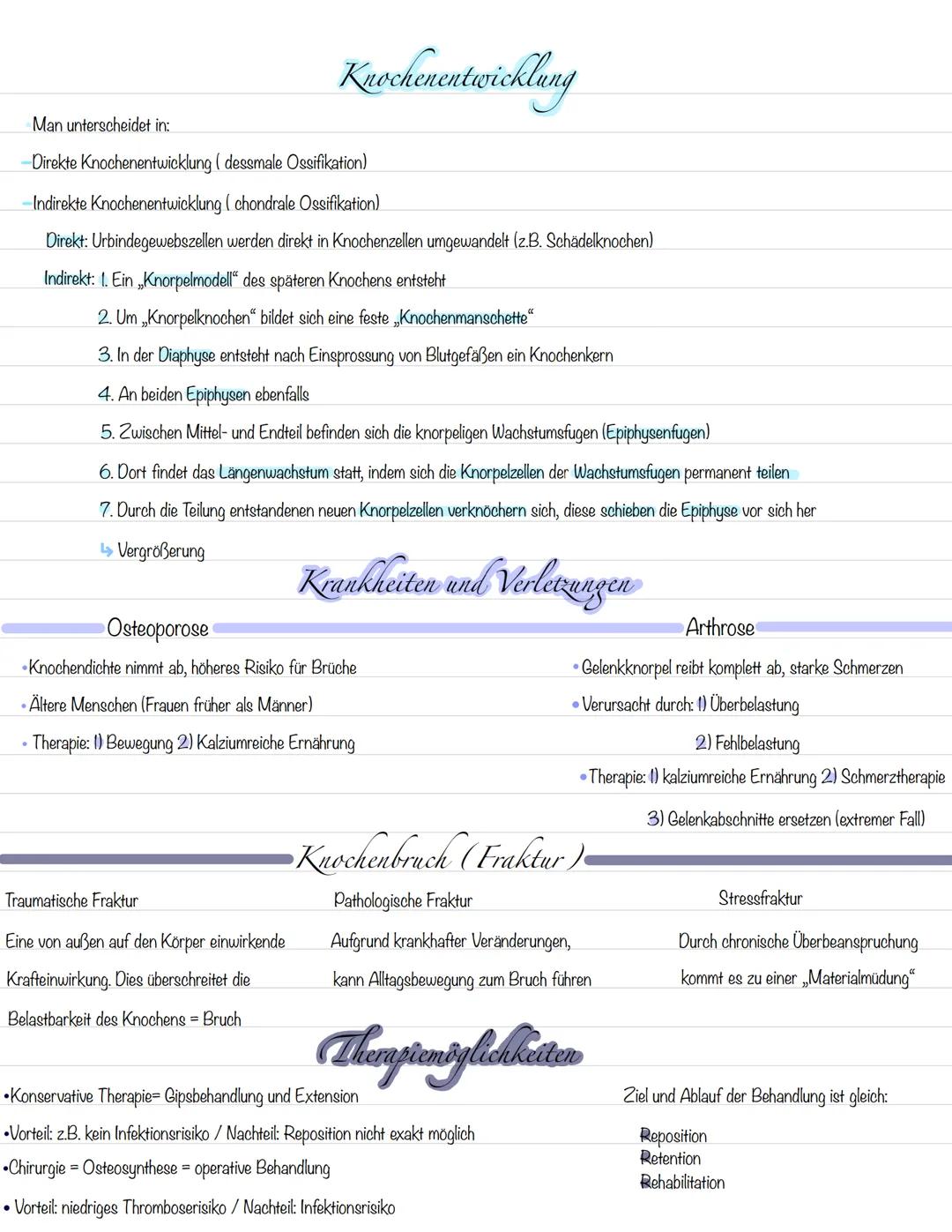 Man unterscheidet in:
-Direkte Knochenentwicklung ( dessmale Ossifikation)
-Indirekte Knochenentwicklung ( chondrale Ossifikation)
Direkt: U