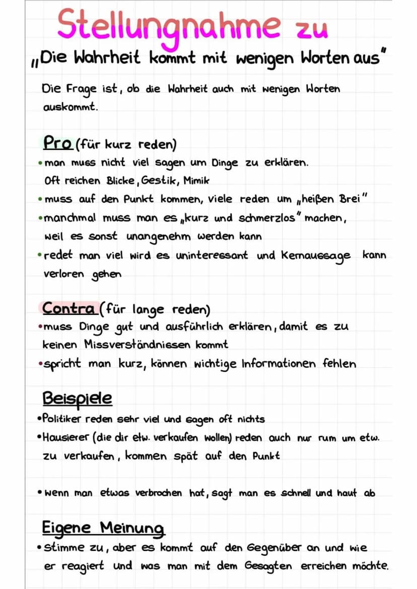Stellungnahme zu
Die Wahrheit kommt mit wenigen Worten aus
Die Frage ist, ob die Wahrheit auch mit wenigen Worten
auskommt.
Pro (für kurz re