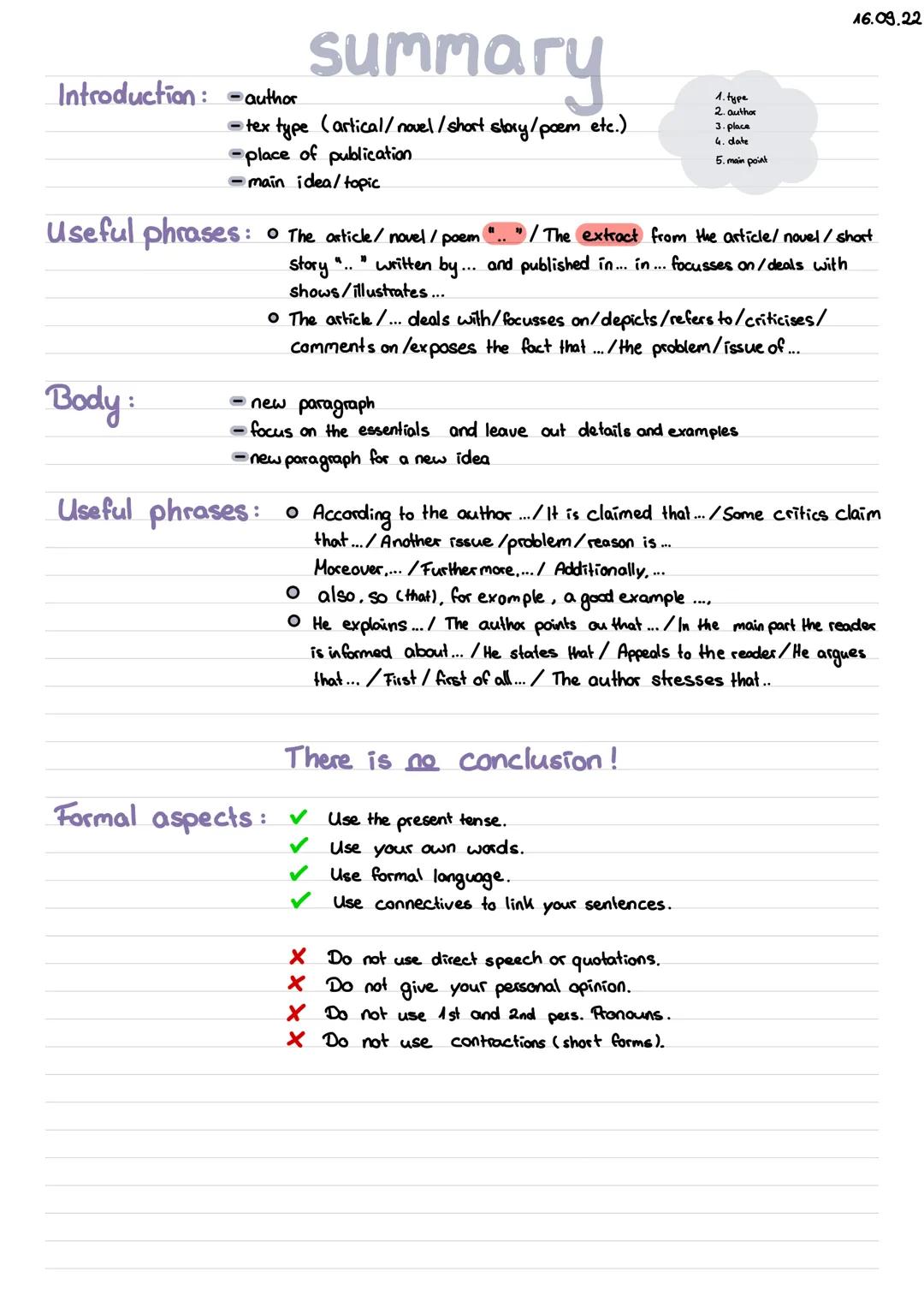 Introduction:
summary
-author
-tex type (artical/novel / short story/poem etc.)
-place of publication
- main idea/ topic
Useful phrases: o T