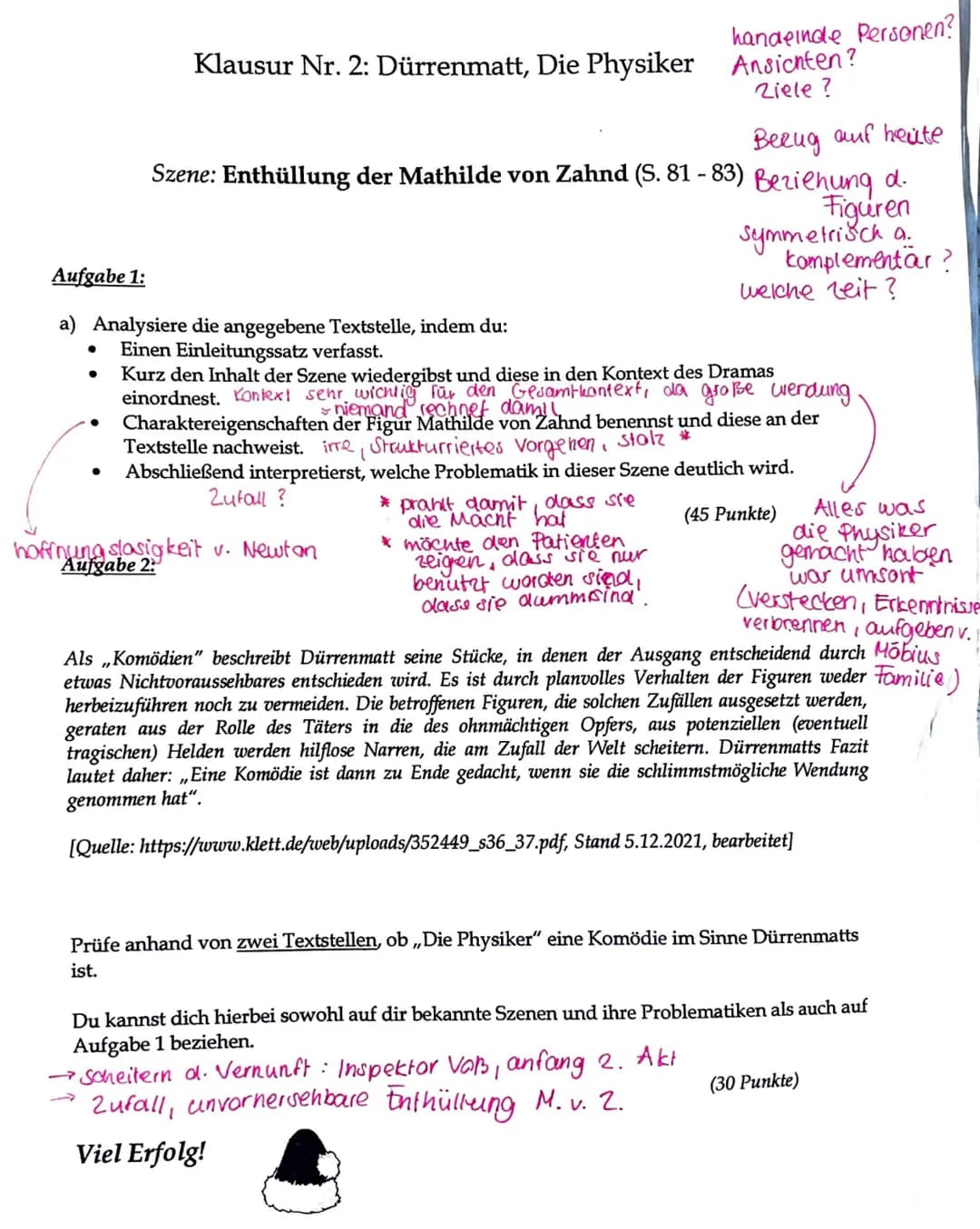 Klausur Nr. 2: Dürrenmatt, Die Physiker
●
Aufgabe 1:
a) Analysiere die angegebene Textstelle, indem du:
Einen Einleitungssatz verfasst.
Bezu
