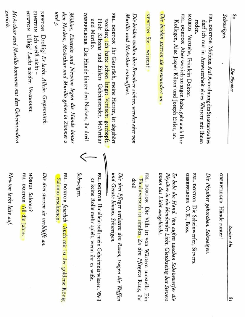 Klausur Nr. 2: Dürrenmatt, Die Physiker
●
Aufgabe 1:
a) Analysiere die angegebene Textstelle, indem du:
Einen Einleitungssatz verfasst.
Bezu