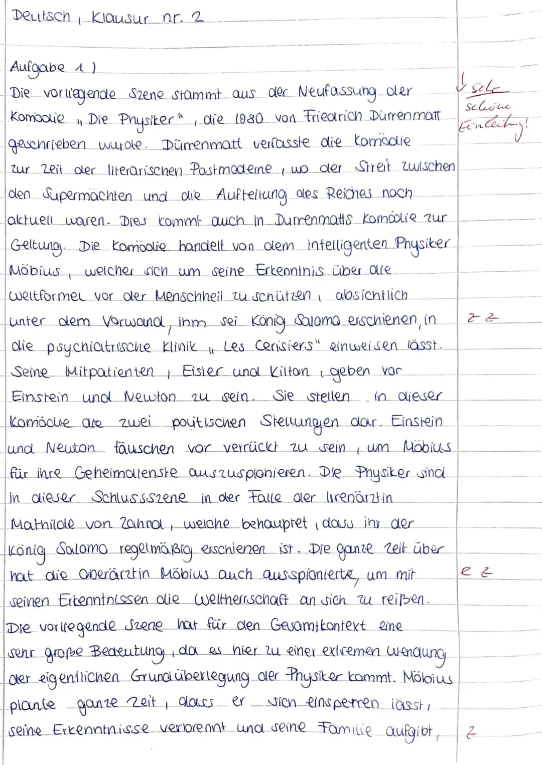 Klausur Nr. 2: Dürrenmatt, Die Physiker
●
Aufgabe 1:
a) Analysiere die angegebene Textstelle, indem du:
Einen Einleitungssatz verfasst.
Bezu
