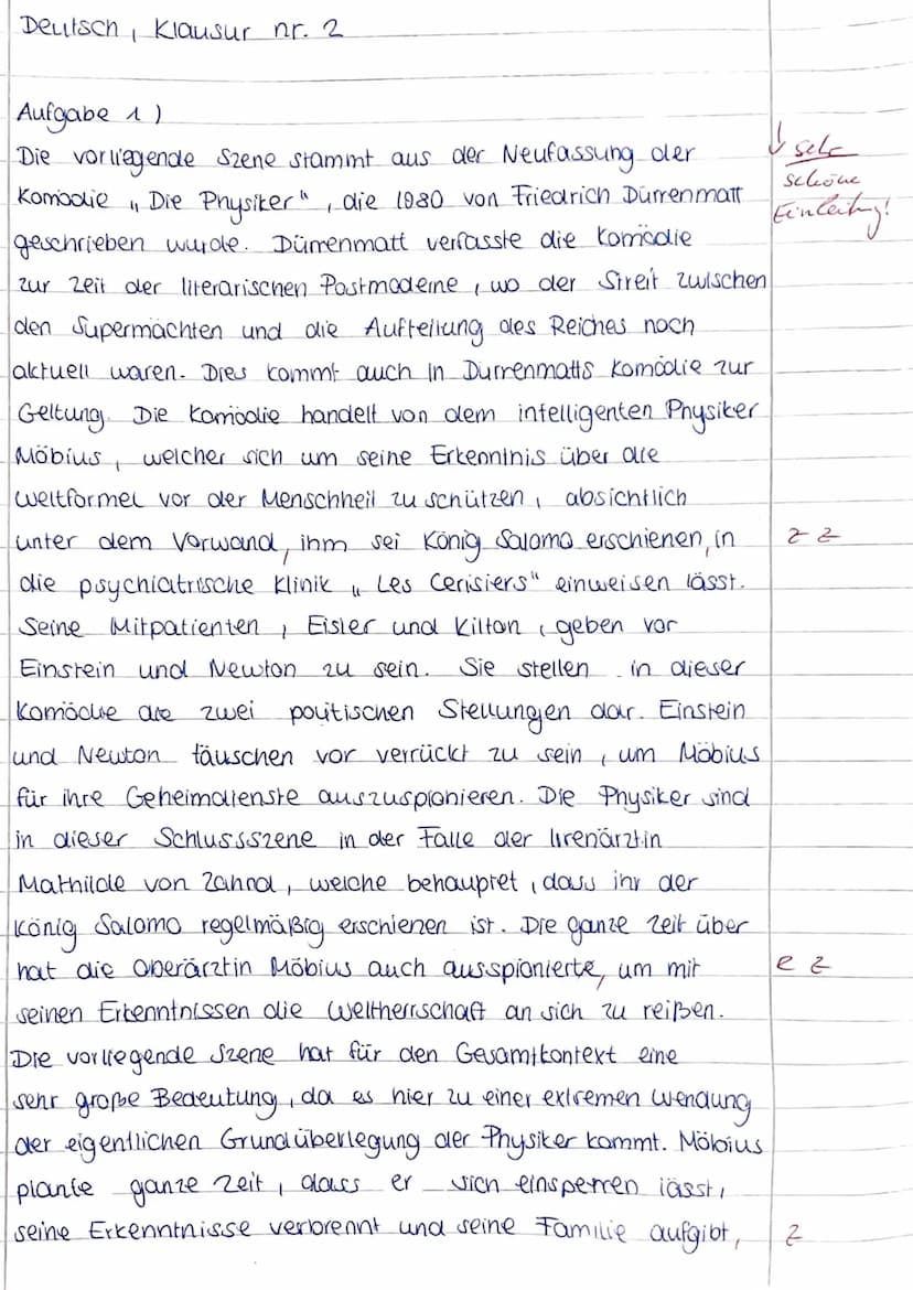 Klausur Nr. 2: Dürrenmatt, Die Physiker
●
Aufgabe 1:
a) Analysiere die angegebene Textstelle, indem du:
Einen Einleitungssatz verfasst.
Bezu