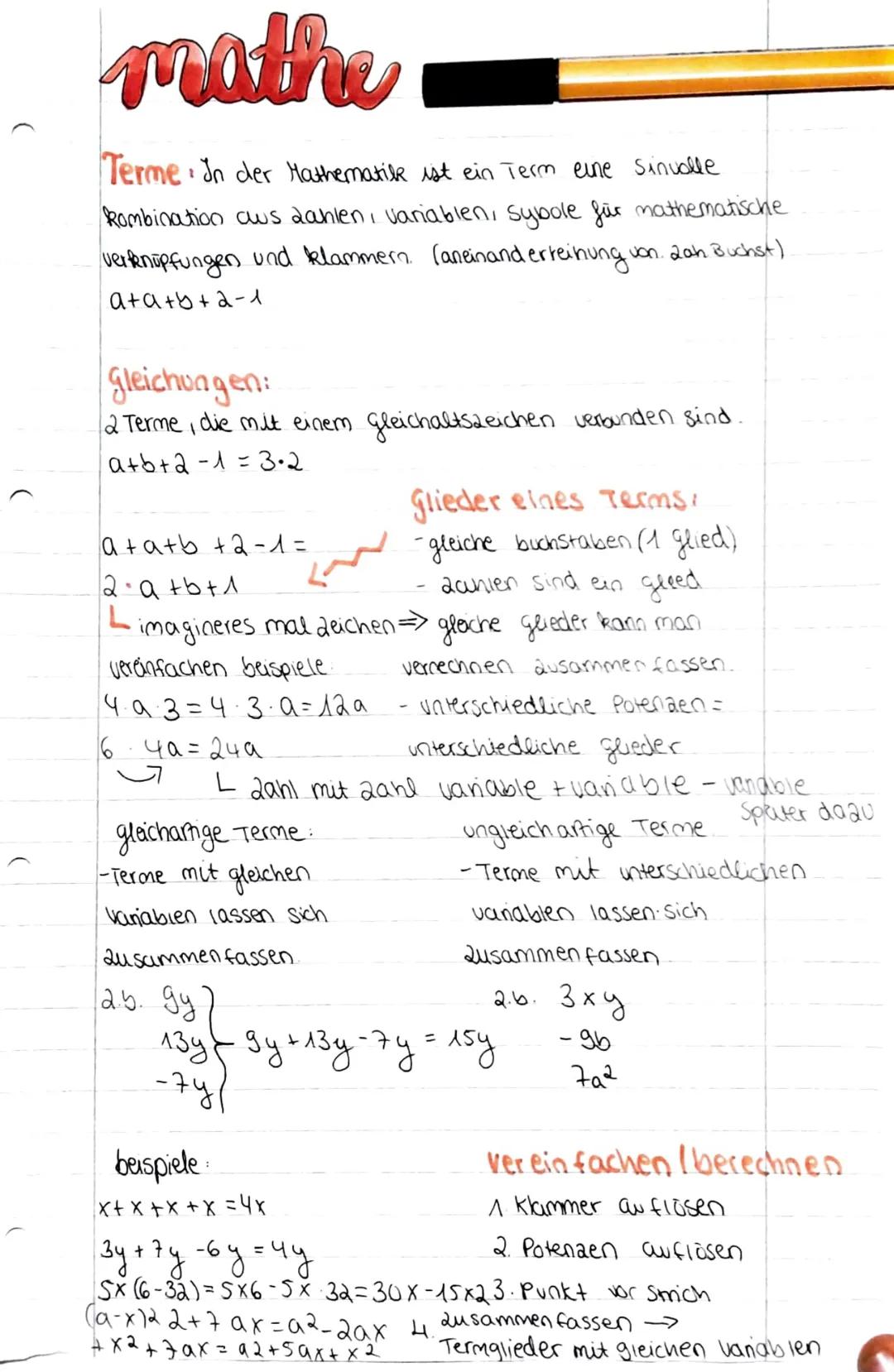 mathe
Terme In der Mathematik ist ein Term eine Sinvalle
2
Rombination aus Lahlen, Variablen, Sybole für mathematische
verknüpfungen und kla