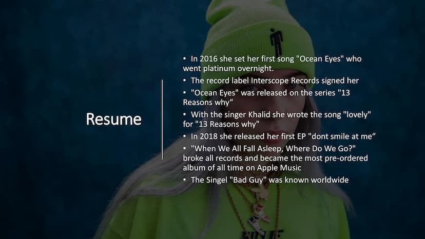 Billie Eilish
O Profile
BISON
• Birthname: Billie Eilish Pirate Baird O'Connell
Artist's name: Billie Eilish
Birthday: 18.12.2001, Los Angel