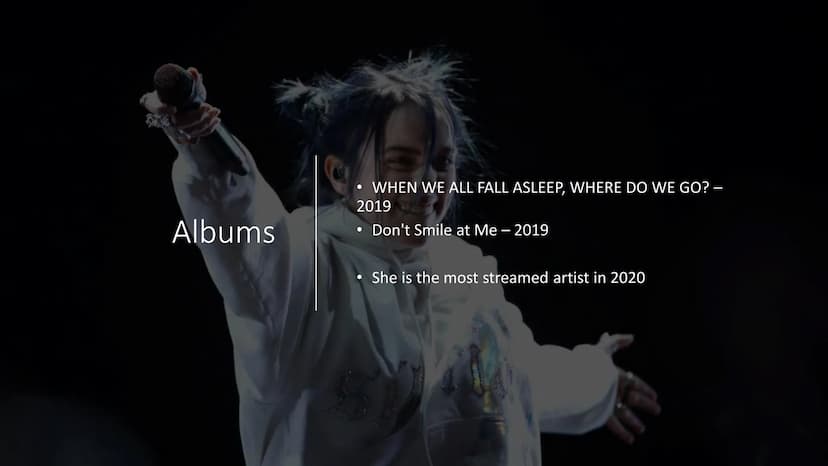 Billie Eilish
O Profile
BISON
• Birthname: Billie Eilish Pirate Baird O'Connell
Artist's name: Billie Eilish
Birthday: 18.12.2001, Los Angel