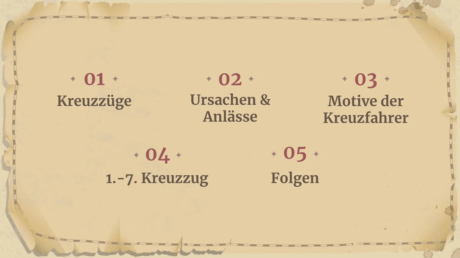 Kreuzzüge
im
Mittelalter
A6AA604 01 +
Kreuzzüge
02 +
Ursachen &
Anlässe
+04+
1.-7. Kreuzzug
05 +
Folgen
03
Motive der
Kreuzfahrer e
Kreuzzüg