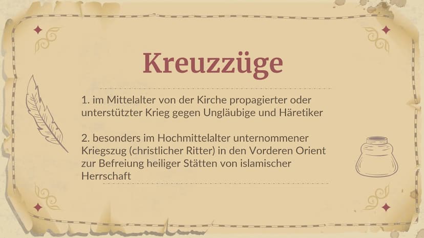 Kreuzzüge
im
Mittelalter
A6AA604 01 +
Kreuzzüge
02 +
Ursachen &
Anlässe
+04+
1.-7. Kreuzzug
05 +
Folgen
03
Motive der
Kreuzfahrer e
Kreuzzüg
