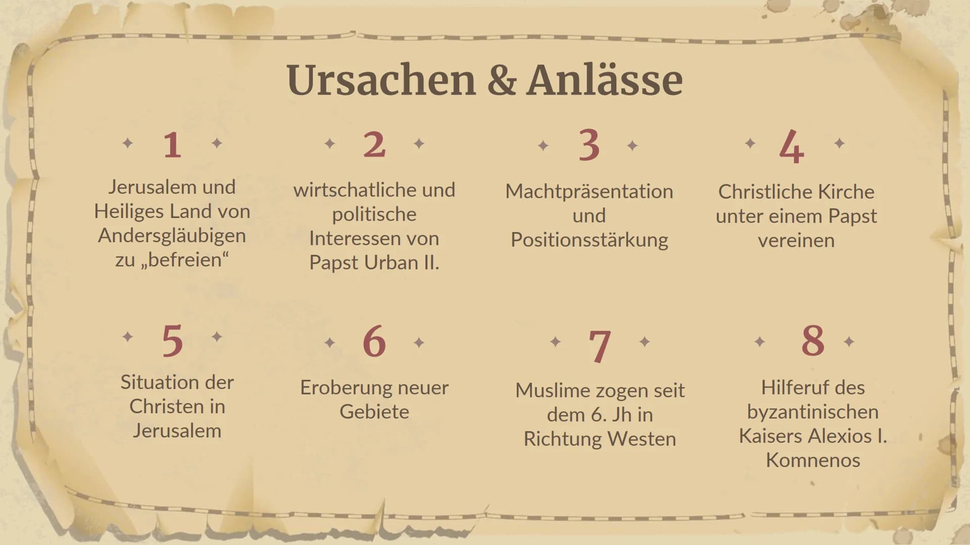 Kreuzzüge
im
Mittelalter
A6AA604 01 +
Kreuzzüge
02 +
Ursachen &
Anlässe
+04+
1.-7. Kreuzzug
05 +
Folgen
03
Motive der
Kreuzfahrer e
Kreuzzüg