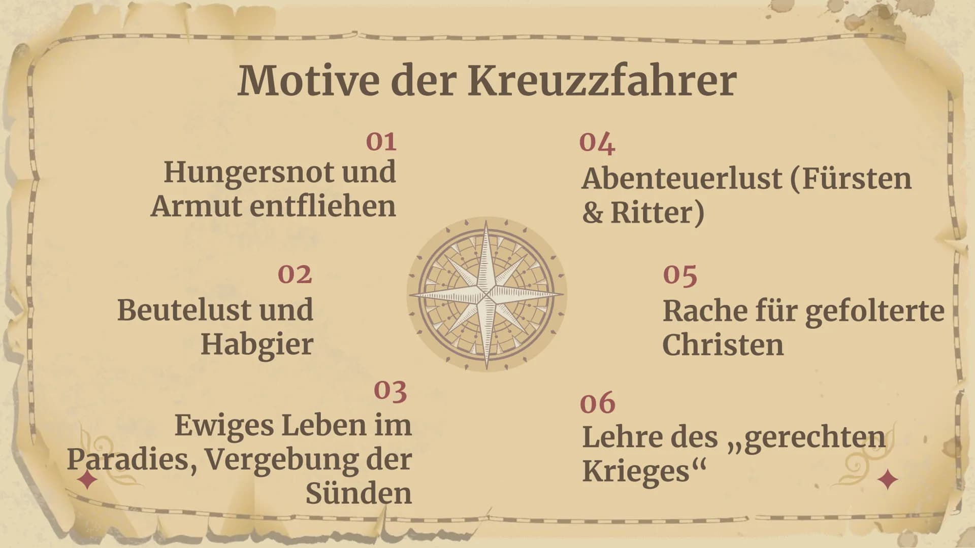 Kreuzzüge
im
Mittelalter
A6AA604 01 +
Kreuzzüge
02 +
Ursachen &
Anlässe
+04+
1.-7. Kreuzzug
05 +
Folgen
03
Motive der
Kreuzfahrer e
Kreuzzüg