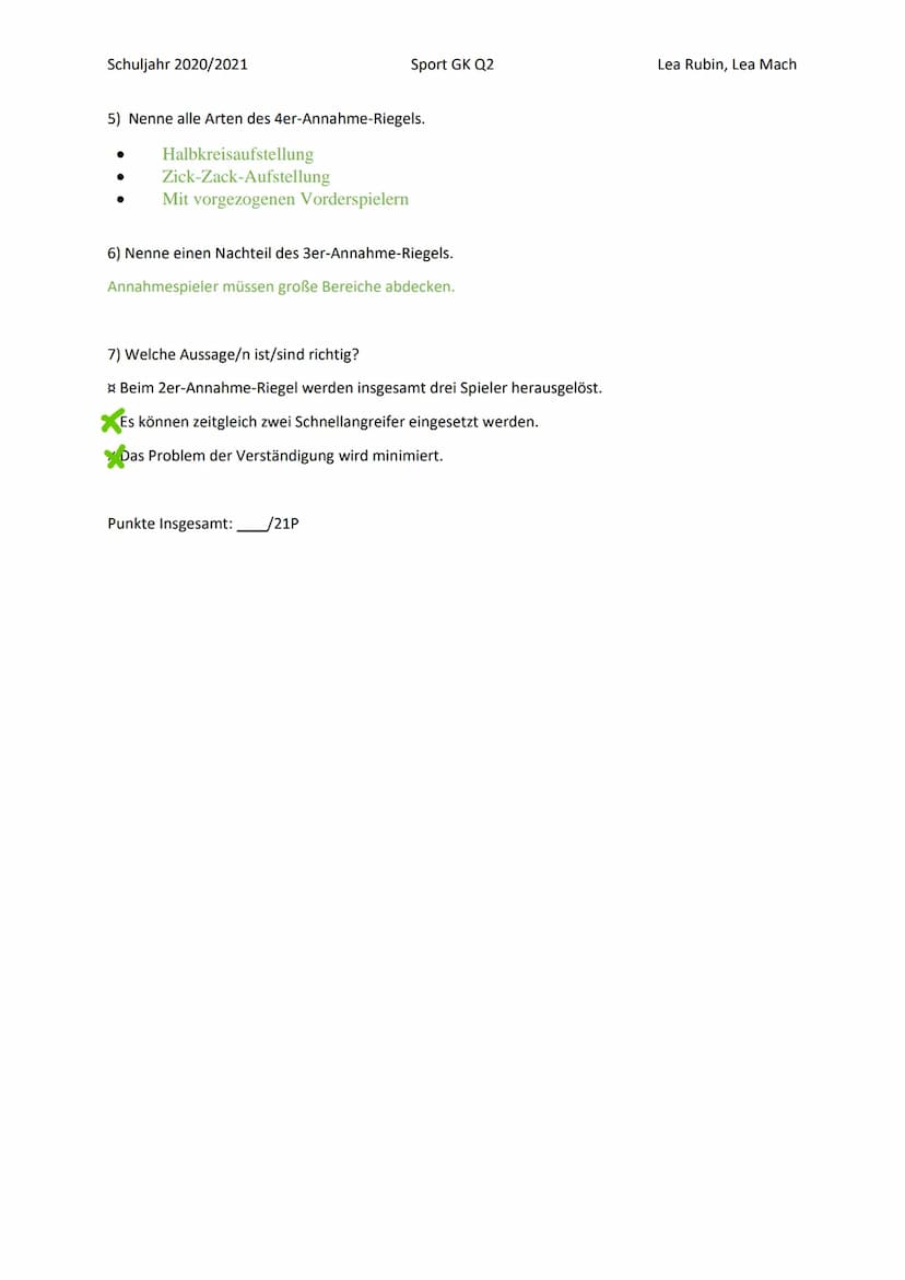 Schuljahr 2020/2021
Sport GK Q2
Aufgaben zur Präsentation
1) Was sind Annahmeriegel und was ist der Sinn dahinter?
3) Beim
2) Beurteile welc