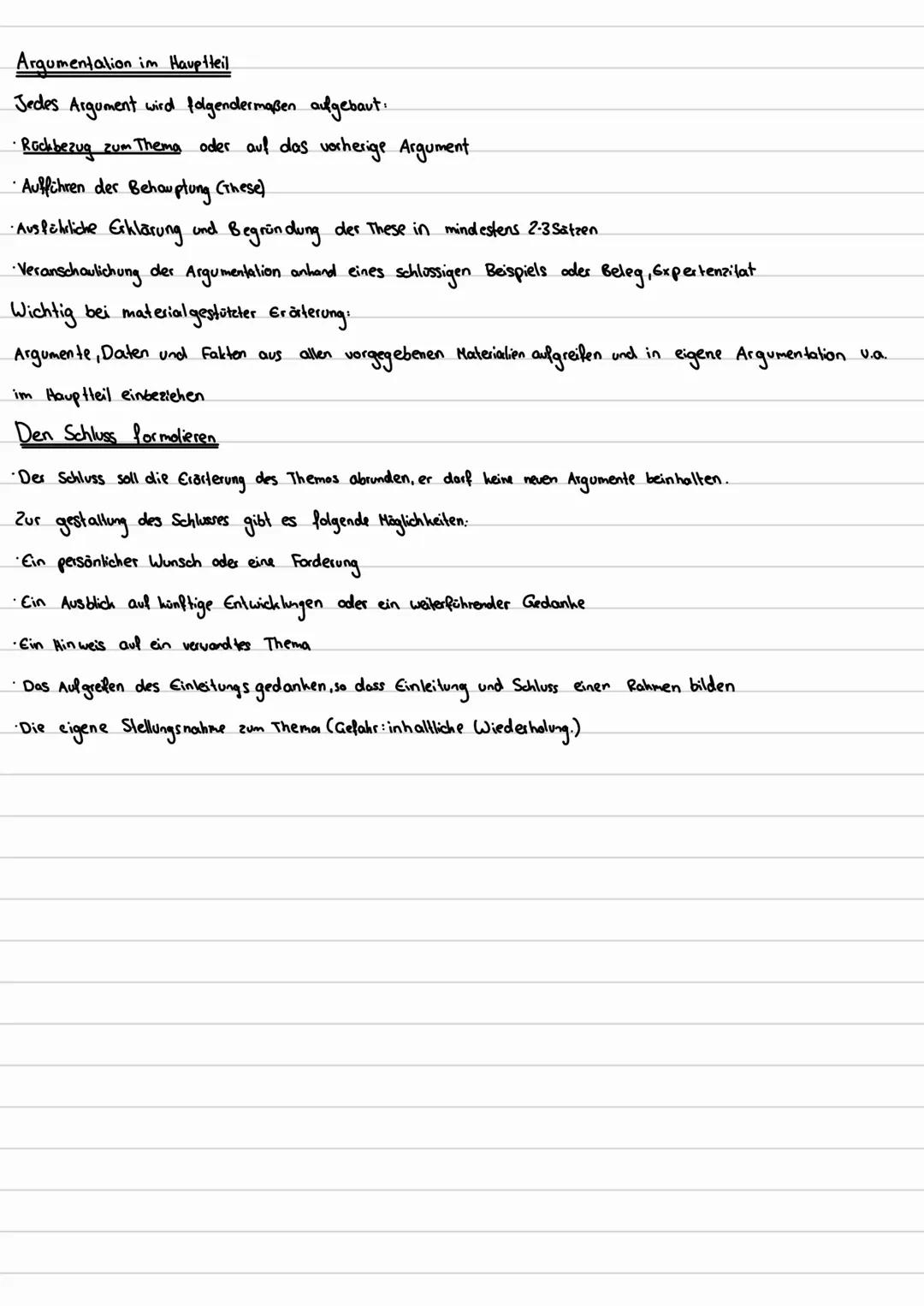 Argument:
Behauptung
Begründung
Beispiel
↳ Rückbezug zum Thema
# Lineare Erörterung
- Es geht darum, Pro-oder Kontra Argumente zu erläutern.