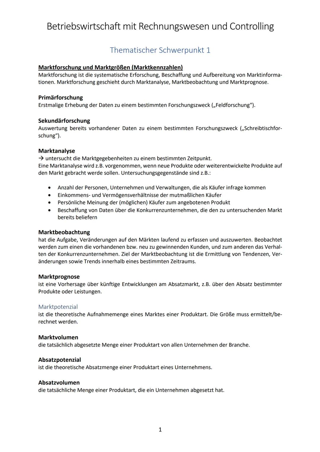 # Betriebswirtschaft mit Rechnungswesen und Controlling

## Thematischer Schwerpunkt 1

### Marktforschung und Marktgrößen (Marktkennzahlen)