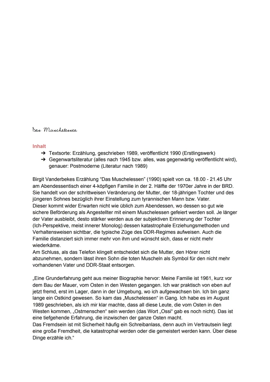 
<h2 id="zusammenfassung">Zusammenfassung</h2>
<p>"Birgit Vanderbekes Erzählung "Das Muschelessen" (1990) spielt von ca. 18.00 - 21.45 Uhr a