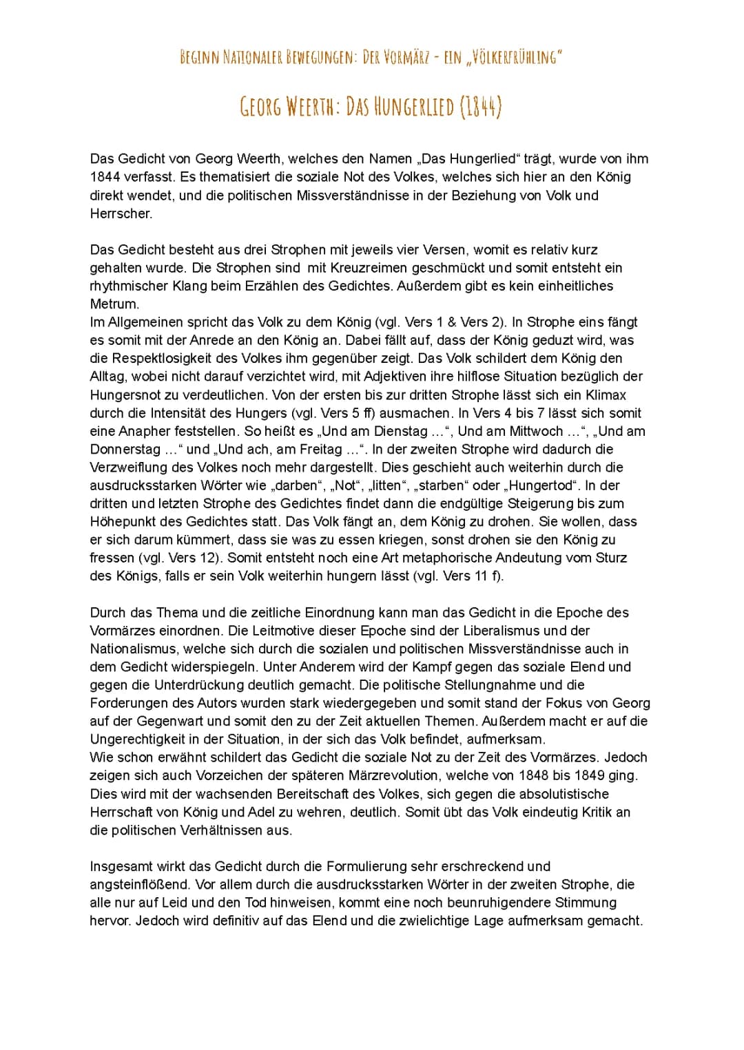 Der Vormärz - Gedichtsanalyse „Das Hungerlied“ von Georg Weerth