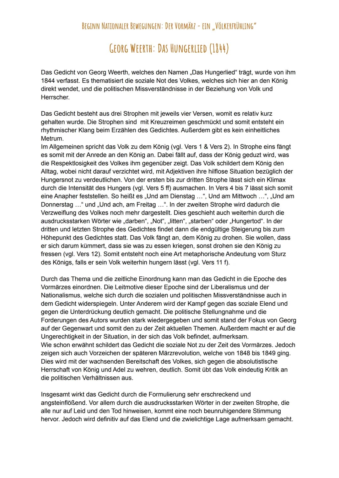 BEGINN NATIONALER BEWEGUNGEN: DER VORMÄRZ - EIN „VÖLKERFRÜHLING”
GEORG WEERTH: DAS HUNGERLIED (1844)
Das Gedicht von Georg Weerth, welches d