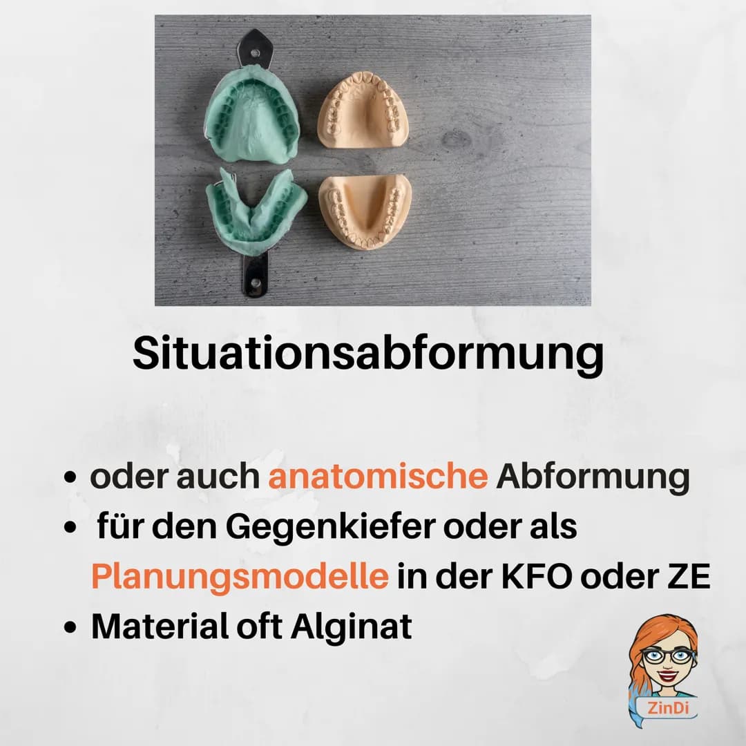 ●
●
Abformungen
mit einer Abformung wird ein
Abdruck hergestellt
z.B. vom Kiefer, vom Vestibulum
oder von Zahnstümpfen
ZinDi CO
Situationsab