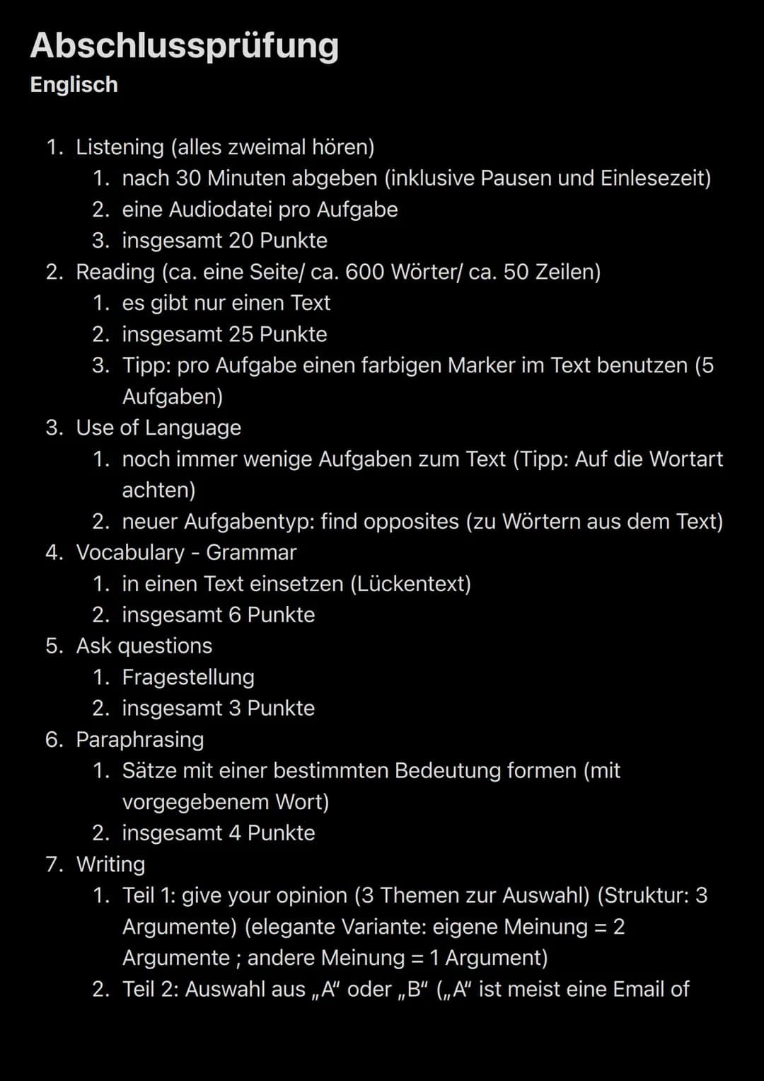 Abschlussprüfung
Englisch
1. Listening (alles zweimal hören)
1. nach 30 Minuten abgeben (inklusive Pausen und Einlesezeit)
2. eine Audiodate