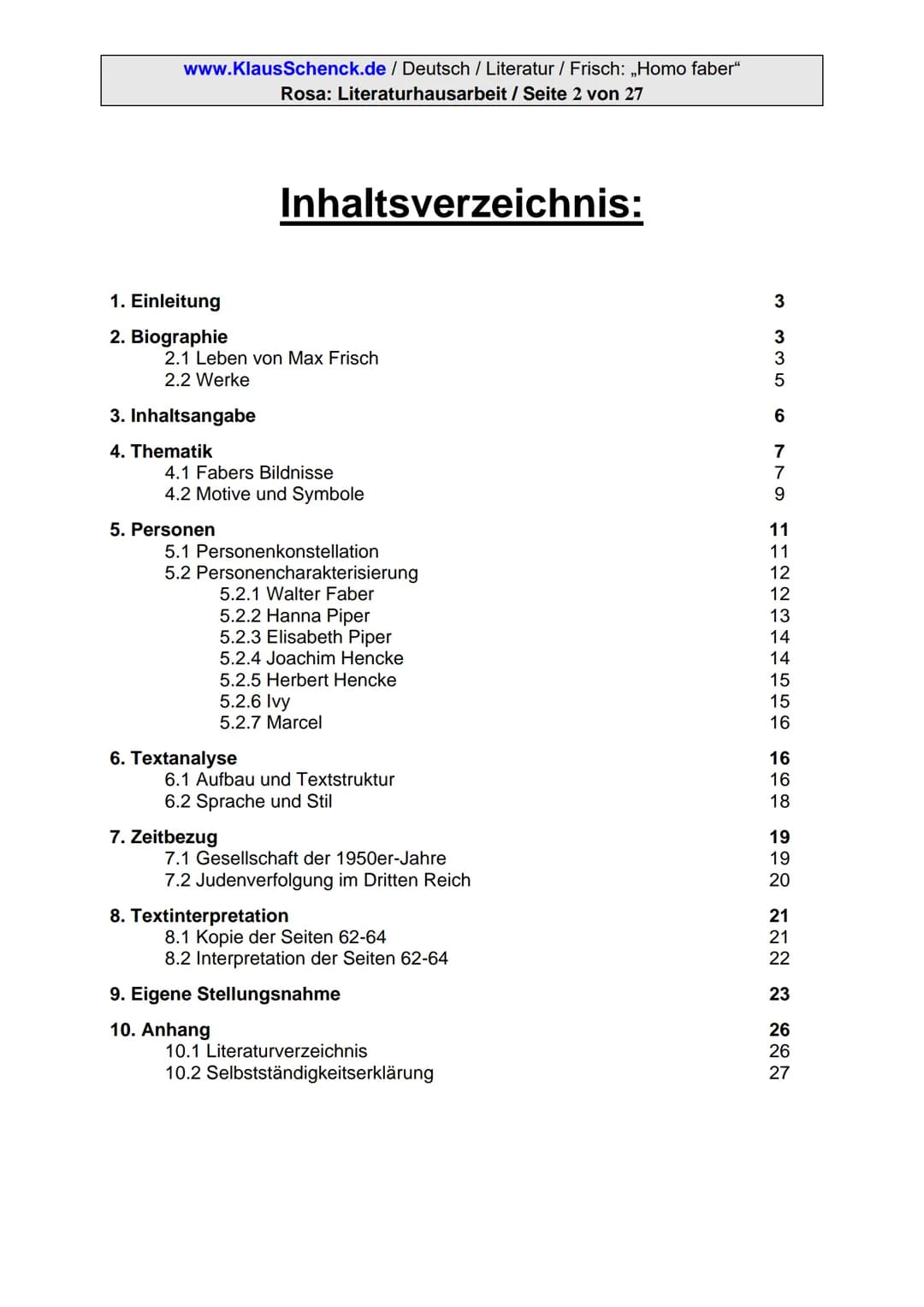 www.KlausSchenck.de/ Deutsch / Literatur / Frisch: ,,Homo faber"
Rosa: Literaturhausarbeit / Seite 1 von 27
Hausarbeit
Max Frisch:
,,Homo fa